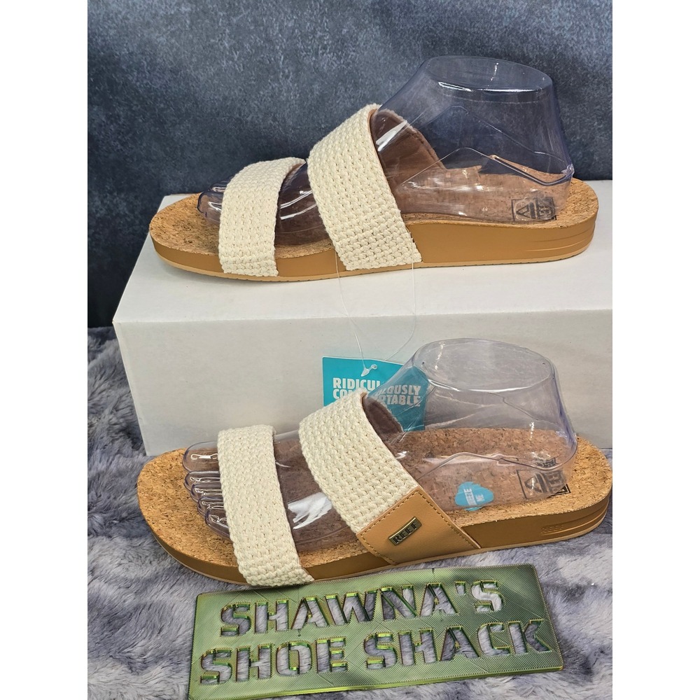 NWT Reef Cushion Vista Natural Crochet Two Strap Slide Sandals Womens 9